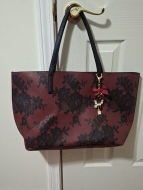 Burgundy and Black Lace-Print Tote Bag with Floral Charm